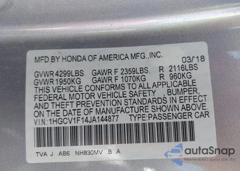 2018 Honda Accord Lx from USA, damaged, VIN 1HGCV1F14JA144877